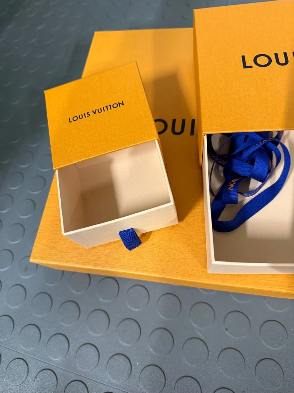 Louis Vuitton Orange Boxes with Blue Pull Tabs